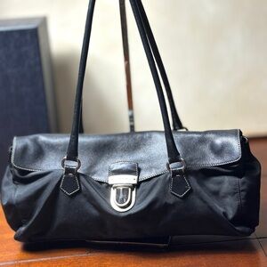 AUTHENTIC Tessuto Nylon Vitello Foldover
Pushlock Satchel. Black.